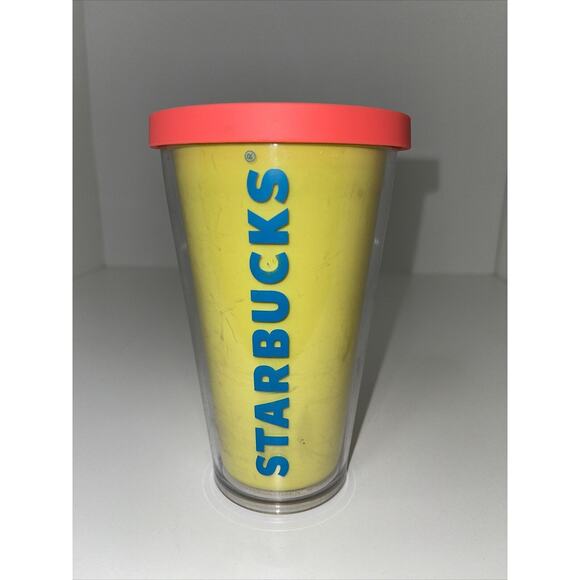 STARBUCKS Neon Yellow Coral Logo Summer Cold Cup Acrylic Tumbler 16 Oz No Straw - Picture 5 of 9